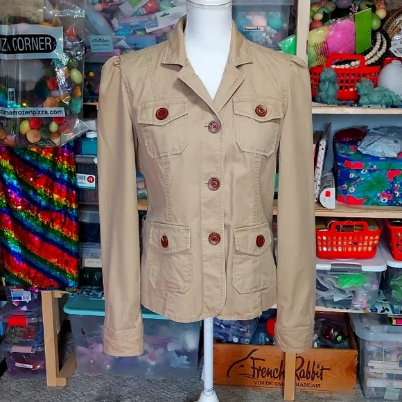 GAP Khaki Button Closure multi Pocket Utility Jacket Structured Shoulders Sz 10 - Picture 2 of 9